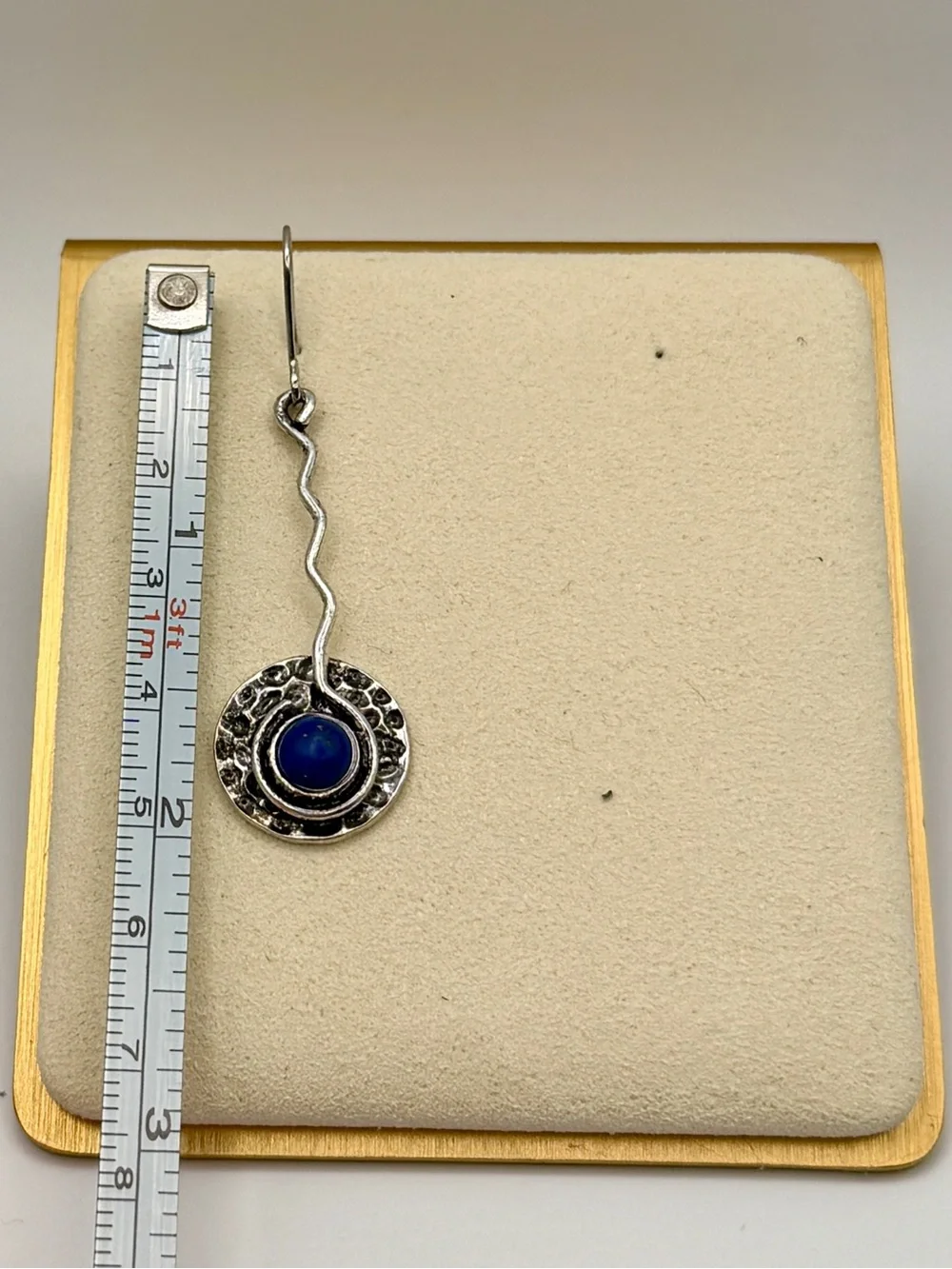 Artisan Sterling Silver Lapis Lazuli Wavy Drop Hammered Disc Dangle Earrings